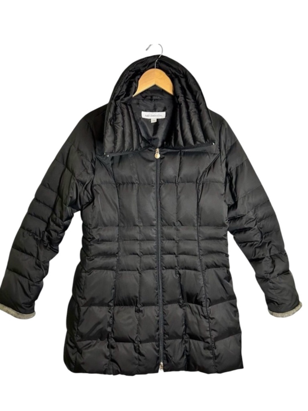 Liz Claiborne Quilted Down Filled Puffer Coat Womens Size Large Black Mid Length